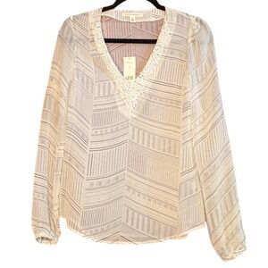Banana Republic Women's XS White Navy Geometric Beaded V-Neck Blouse